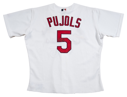 2001 Albert Pujols Rookie Year Game Used and Signed Cardinals Home Jersey (Cardinals Charity LOA & JSA LOA)
